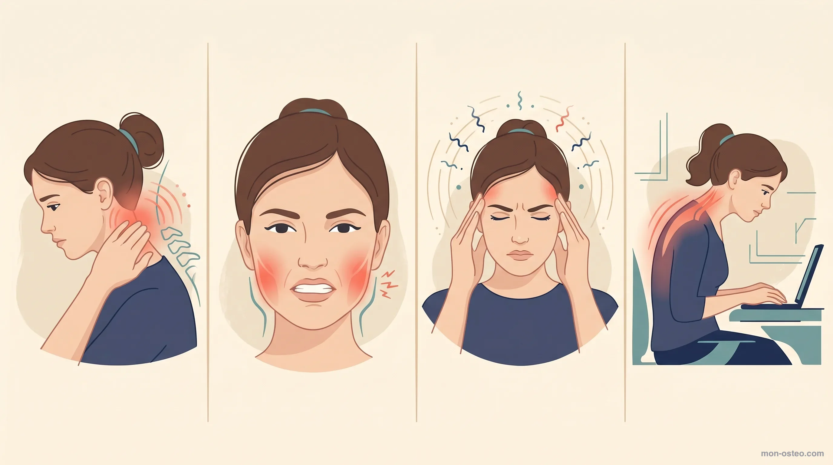 Les 4 causes majeures de la céphalée de tension illustrées : tensions cervicales hautes, dysfonction de l'ATM et bruxisme, stress et hypertonie musculaire, écrans et mauvaise posture