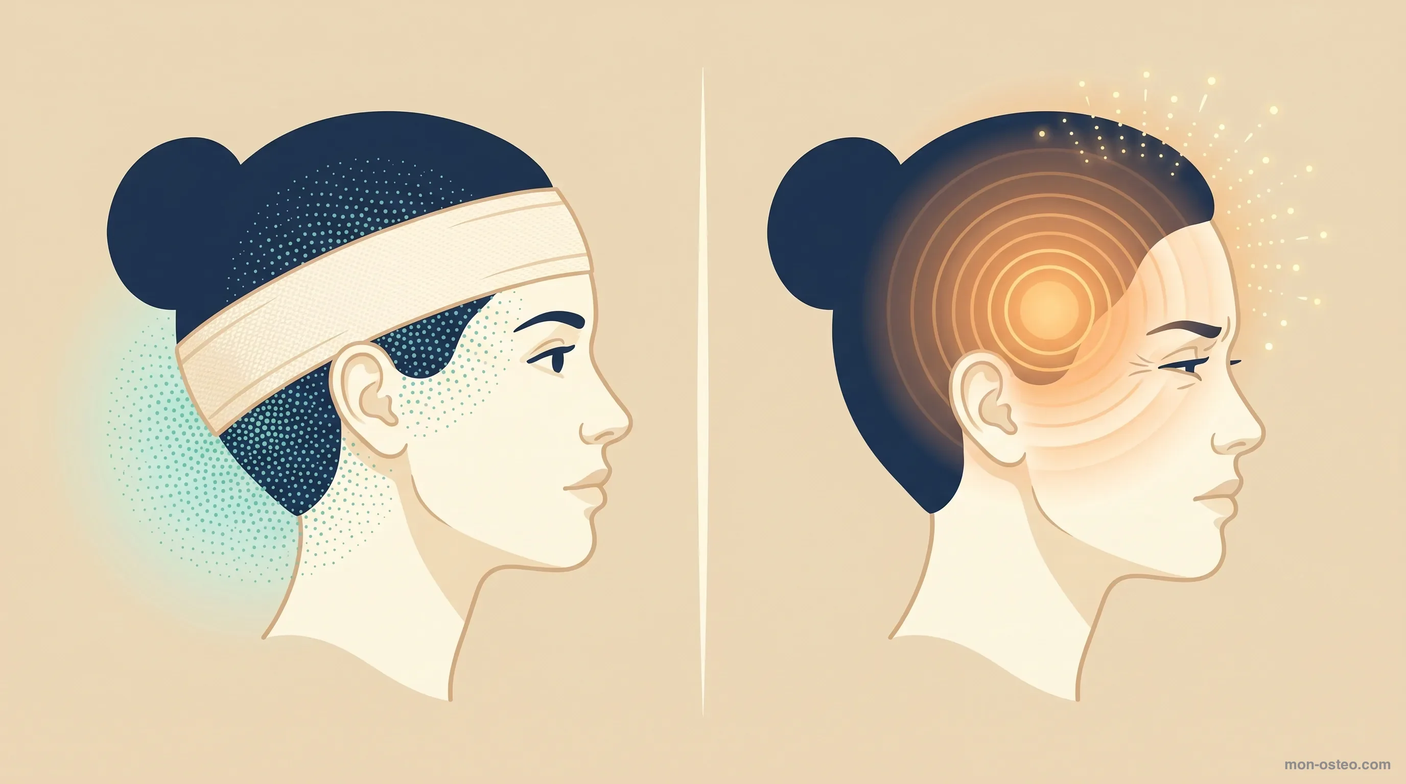 Comparaison visuelle entre céphalée de tension (pression bilatérale en bandeau) et migraine (douleur pulsatile unilatérale avec aura)
