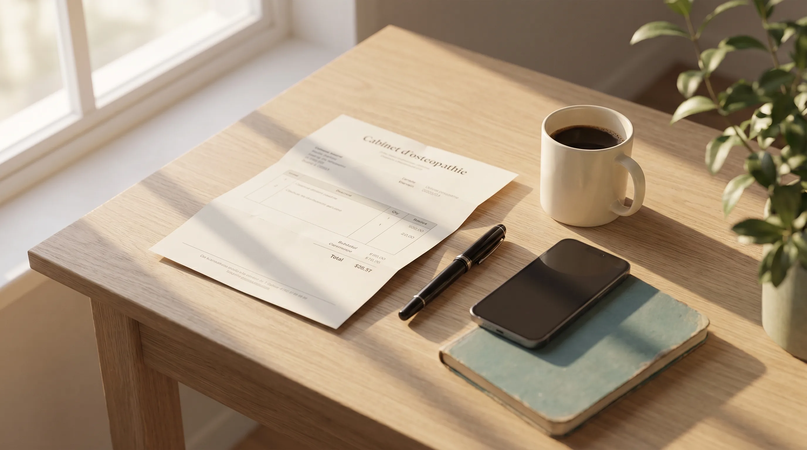 Facture de séance d'ostéopathie sur un bureau en bois, à côté d'un stylo, d'un smartphone et d'une tasse de café