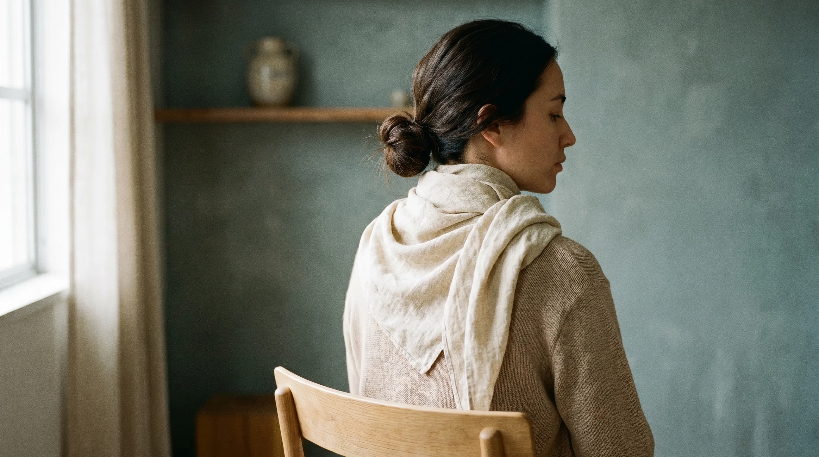 Femme assise vue de 3/4 dos, foulard en lin autour du cou, geste lent d'inclinaison