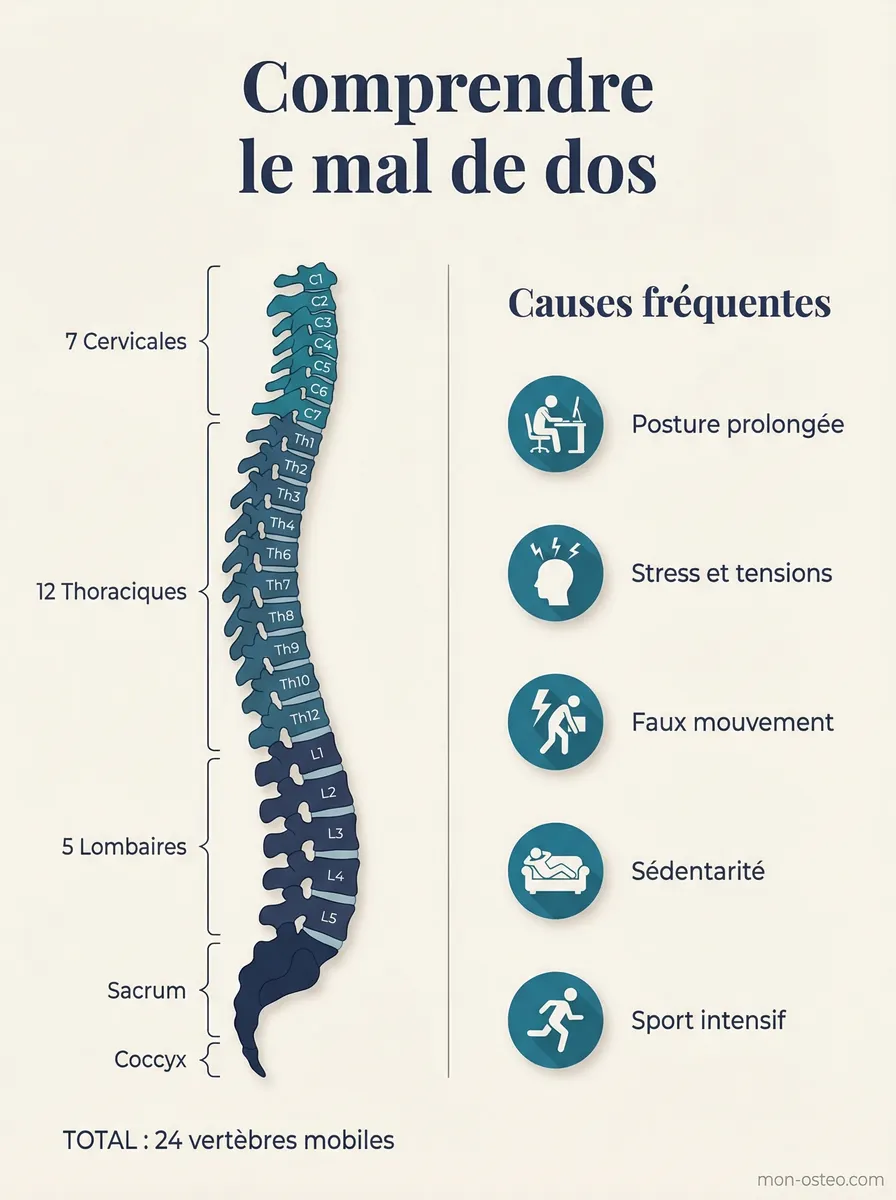 Infographie comprendre le mal de dos : 24 vertèbres mobiles (7 cervicales, 12 thoraciques, 5 lombaires) et 5 causes fréquentes