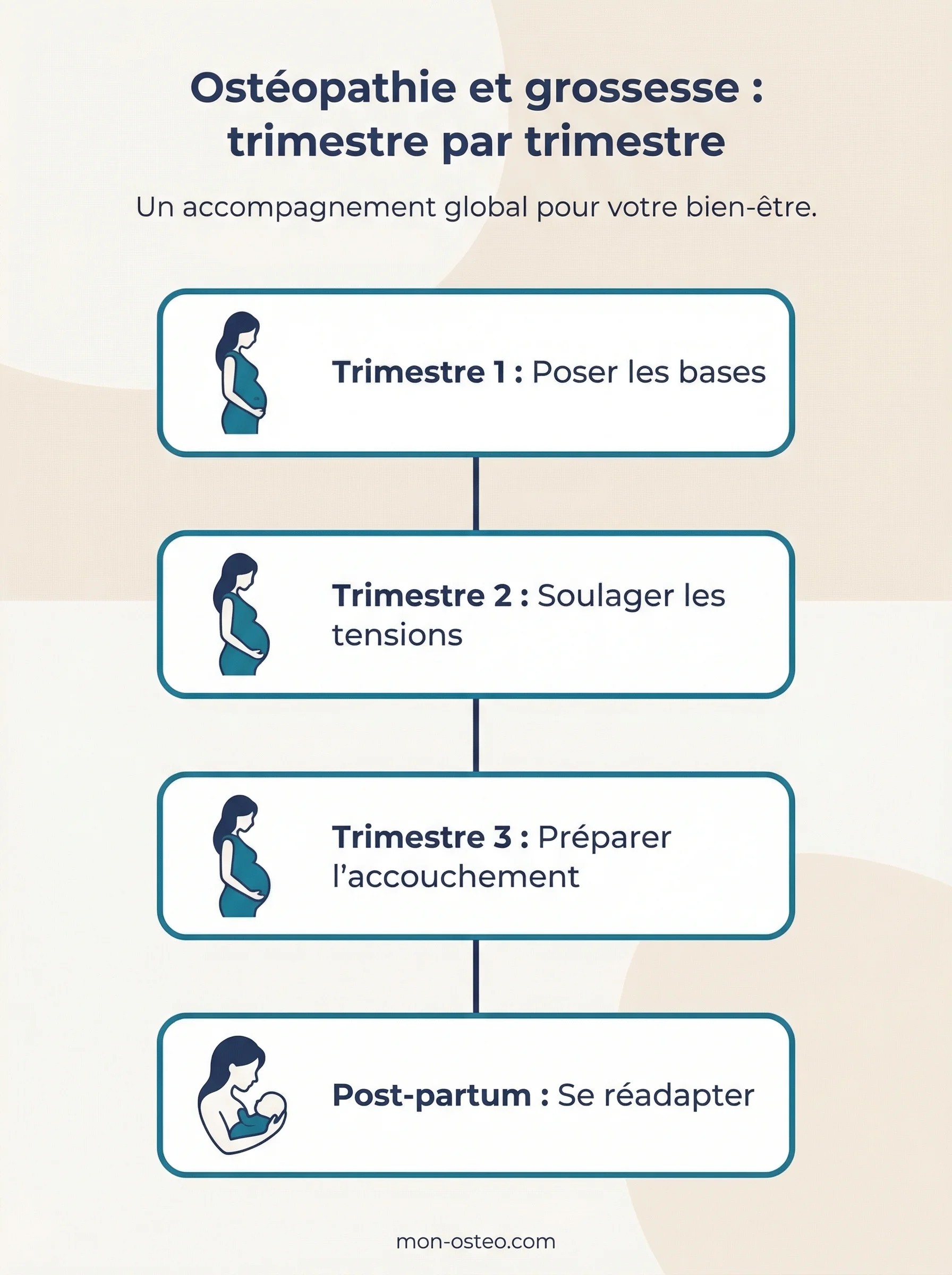 Infographie ostéopathie et grossesse trimestre par trimestre : trimestre 1 poser les bases, trimestre 2 soulager les tensions, trimestre 3 préparer l'accouchement, post-partum se réadapter