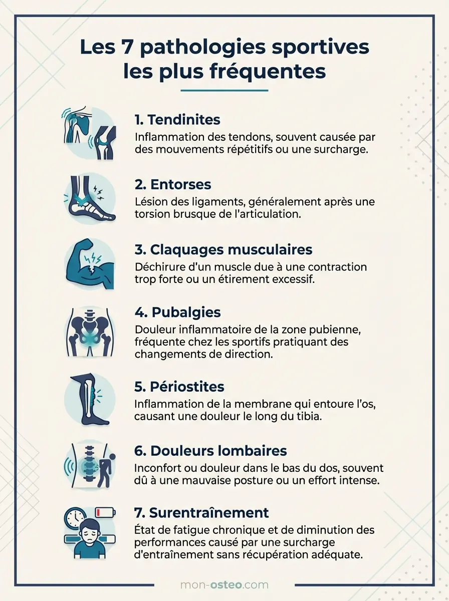 Infographie des 7 pathologies sportives les plus fréquentes traitées en ostéopathie : tendinites, entorses, claquages, pubalgies, périostites, douleurs lombaires, surentraînement