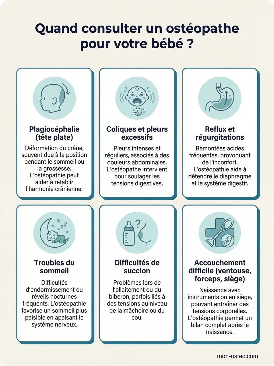 Infographie : quand consulter un ostéopathe pour bébé - 5 circonstances de naissance et 6 motifs fréquents