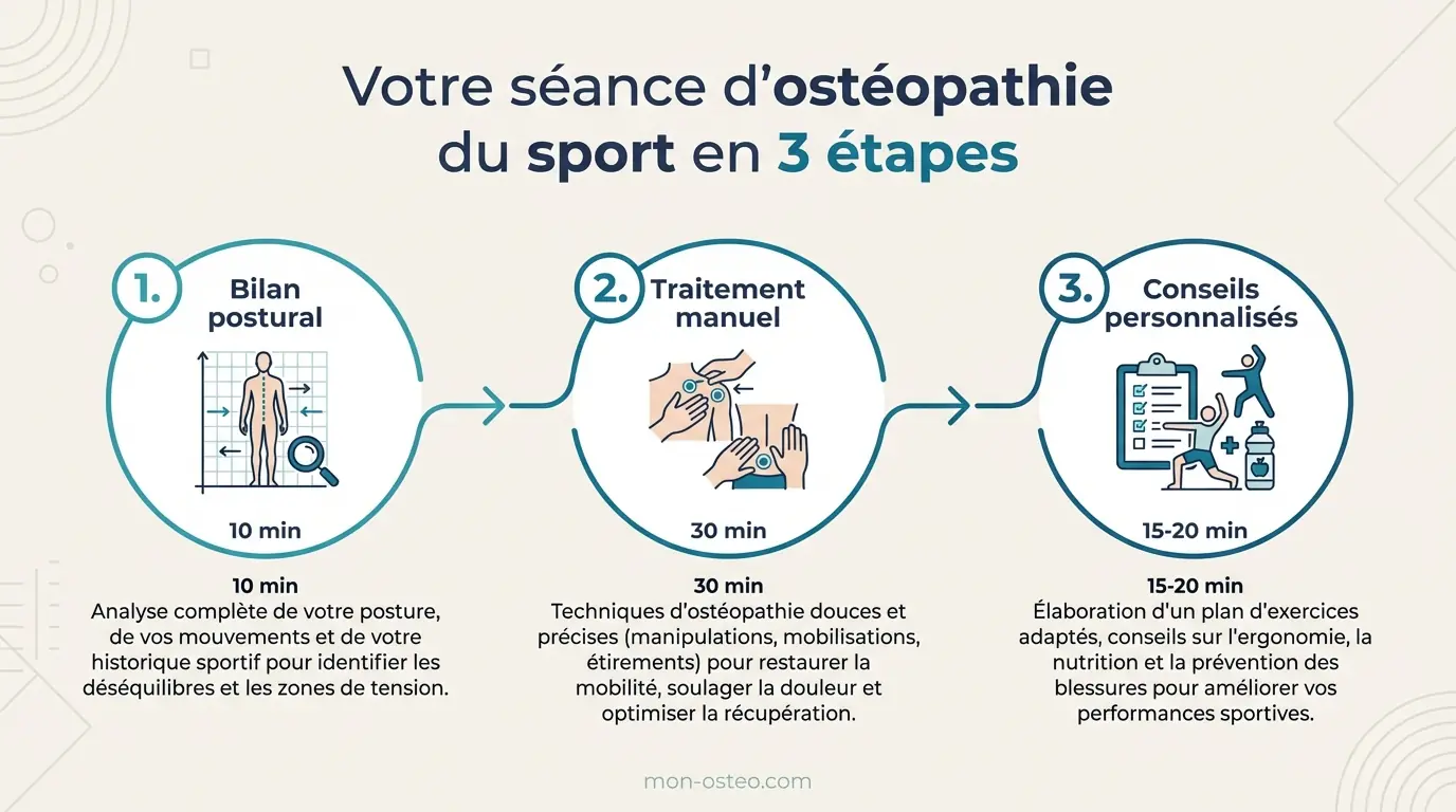 Infographie du déroulement d'une séance d'ostéopathie du sport en 3 étapes : bilan postural, traitement manuel, conseils personnalisés